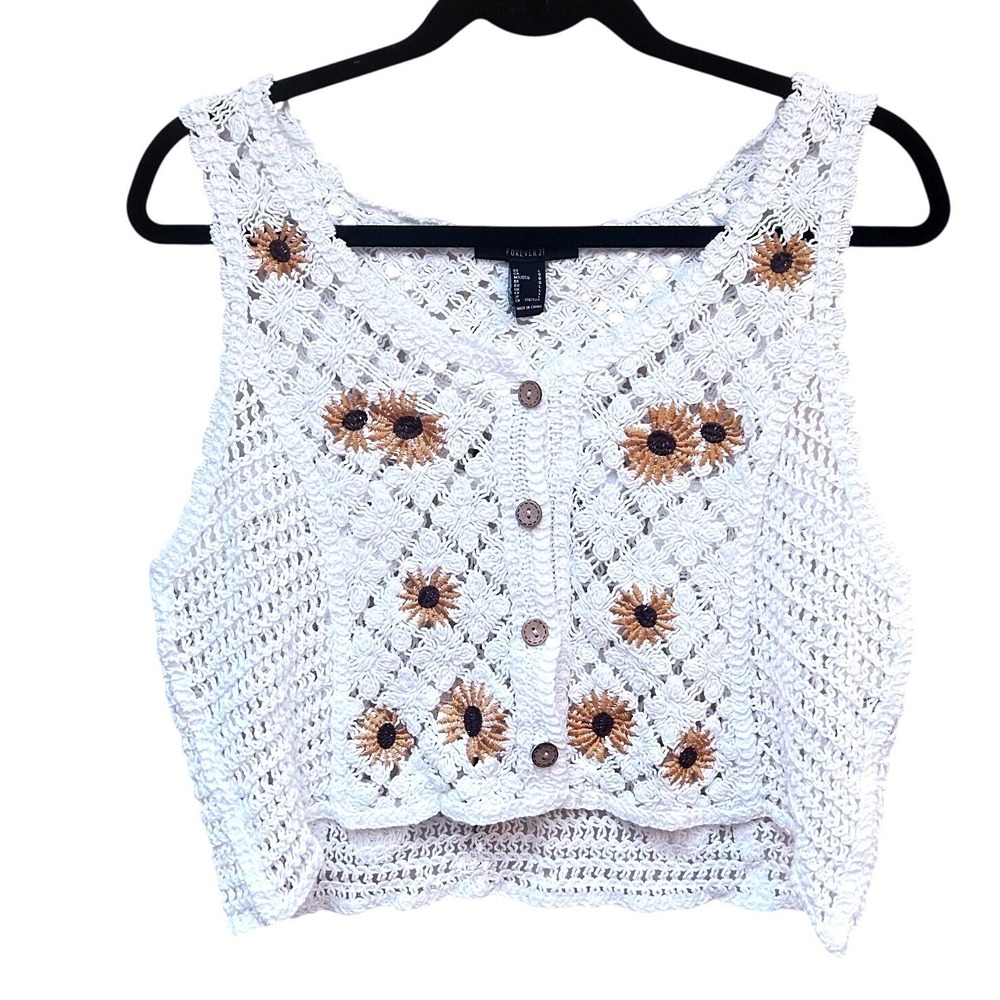 Forever 21 White Crochet Sunflower Knit Sweater Vest Crop Top Button Front Large